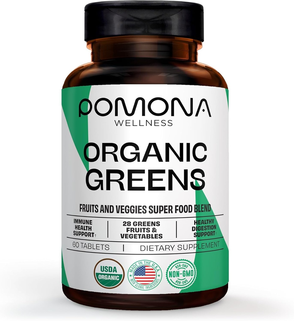 Phụ Pomona Wellness Super Greens, đầy các siêu thực phẩm khác nhau & Minerals, trái cây & Mable, Greens Powder cho Powder cho việc hút nước và xuất tinh, Gut Health, USDADA, phi-GMO, 60 bảng