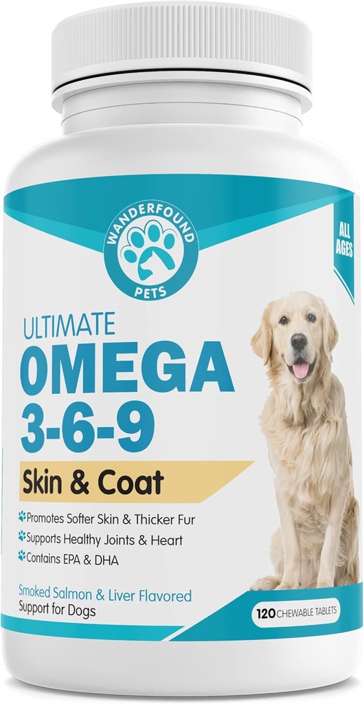 Animale de companie Wanderfound - Omega 3 ulei de pește pentru câini, somon afumat și ficat aroma, 120 comprimate masticabile