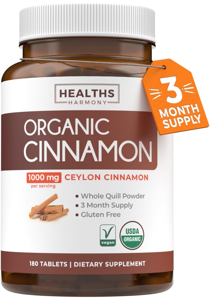 USDA Organic Ceylon Cinnamon Pills - High Potency Ceylon Cinnamon Supplement with 1000mg per Serving for Full Body Antioxidant Support - Vegan Non-GMO cGMP Made & Lab Verified (3 Months Supply)