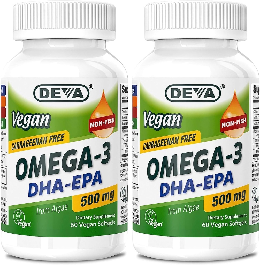 DEVA Vegan Omega-3 DHA-EPA 500MG 2-pakkaus Ei Carrageenia, ei kalaöljyä Algae, ei-GMO, 60 Liivate-vapaa Softgels Ea