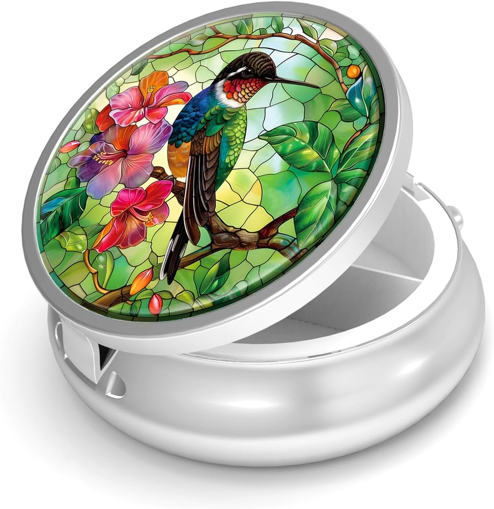 Pill Box-3 Compartment Purse & Pocket Mini Metal Pill Holder Travel Pill Container를 위한 작은 알약 케이스는 비타민 BPA-Free (Hummingbird)를 보유합니다