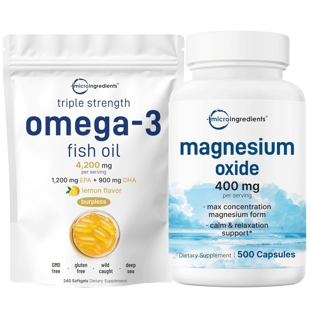 Micro Ingredients Omega-3 Fish Oil 4,200mg & Magnesium Oxide 400mg Bundle Pack | Wild-Caught Fish, Lemon Flavored, Burpless | Elemental Form for Max Concentration