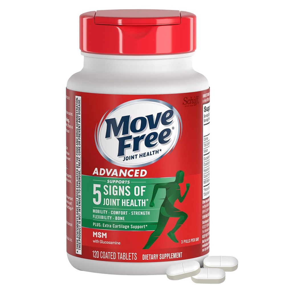 Move Free Advanced Glükosamiin Chondroitin MSM Joint Support Supplement, toetab mobiilsust, mugavust, tugevust, paindlikkust ja luu, 120 tabletti / 40 serveerimist