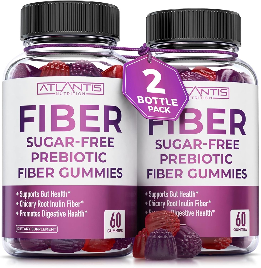 Atlantis Nutrition Sugar Free Fiber Gummis für Erwachsene - 5G Fiber Supplement Formuliert mit 5.4G Prebiotic Digestive Blend - Unterstützt Gut Health & fördert gesunde Verdauung - 2-Pack 120 Gummis