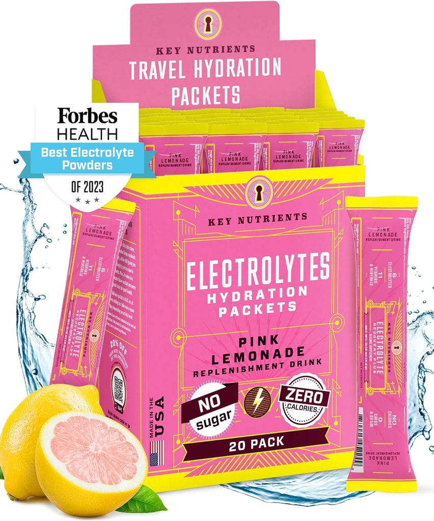 KEY NUTRIENTS Electrolytes Toz Packets - Fresh Pink Limonade 18 Pack Hydration Packets - Travel Hydration Toz - No Sugar, No Calories, Gluten Free - Amerika Birləşmiş Ştatları