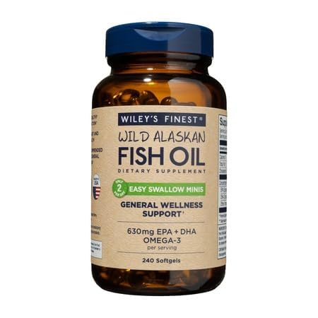 Wiley's Finest Wild Alaskan Fish Oil Easy Swallow Minis - Omega-3 Fish Oil Supplement for Adults and Kids - Double-Strength 630mg EPA and DHA Natural Supplement - 240 Mini Softgels (120 Servings)