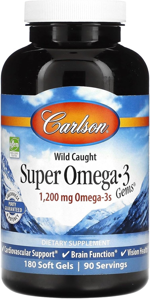 Carlson - Super Omega- 3 Gems, 1200 mg Omega- 3, Implementació vascular, implementació de la funció del cervell i la Visió de la Visió, 180 gels suaus