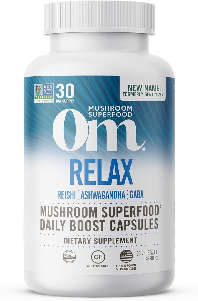 OM MUSHROOM SUPERFOOD Relax Mushroom Capsules, 90 Count, 30 dagar, Reishi Mushrooms, Ashwagandha, GABA, L-Theanine, Magnesium, Adaptogens for Stress Support (tidigare Gently Zen, Packaging May Vary)