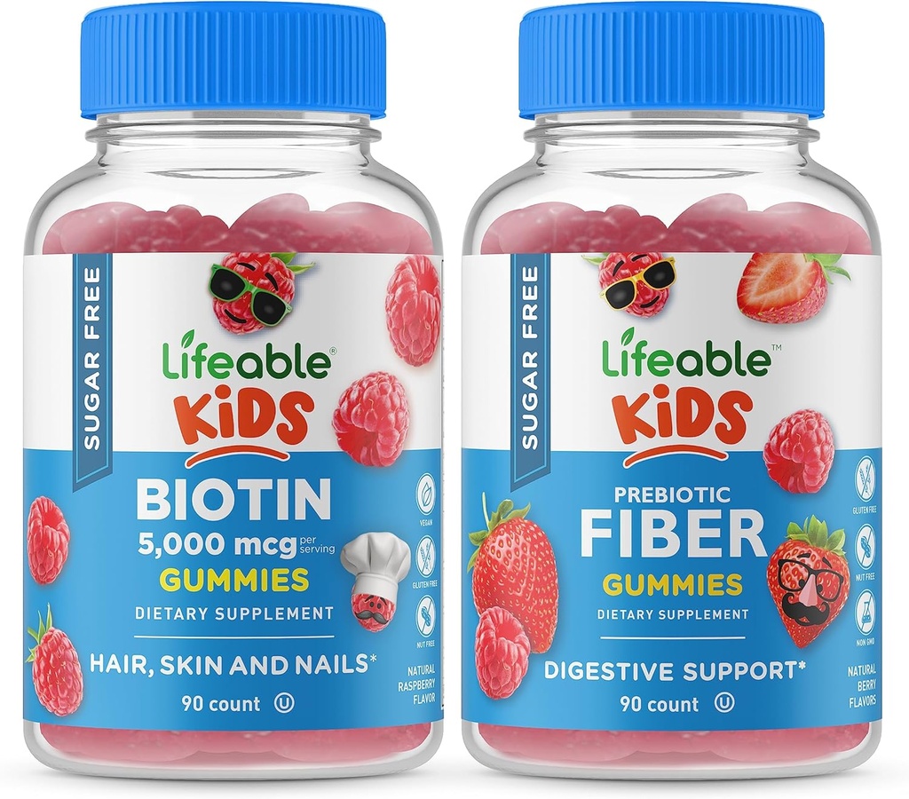 Биотин без захар Деца + Preciotic Fiber Kids, Гъмии Bundle - Great Дегустация, Витамин добавка, Глутен безплатно, ГМО безплатно, Дъвчаща Гъми