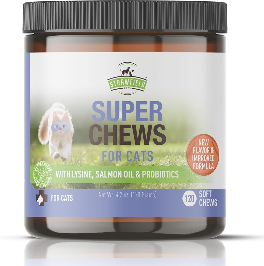 Strawfield Pets Super Chews for Cats - Lysine, Probiotics, Omega 3 Fish Oil (Salmon Oil), Catnip - Supports Immune, Gut, Skin & Joint Health - 120 Hickory Bacon Salmon & Liver Flavored Softchews