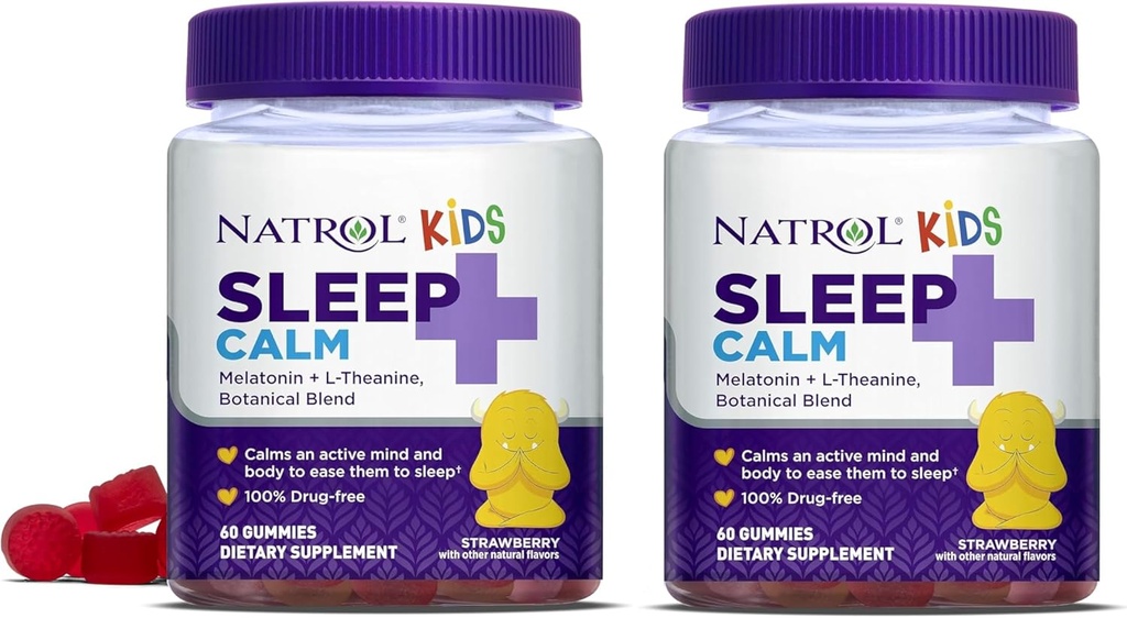 Natrol Kids Slaap+ Kalm, Melatonine en L-Theanine, Slaaphulp Gummies met Botancial Blends, 100% Drug-Free, 60 Graaf (pakket van 2)