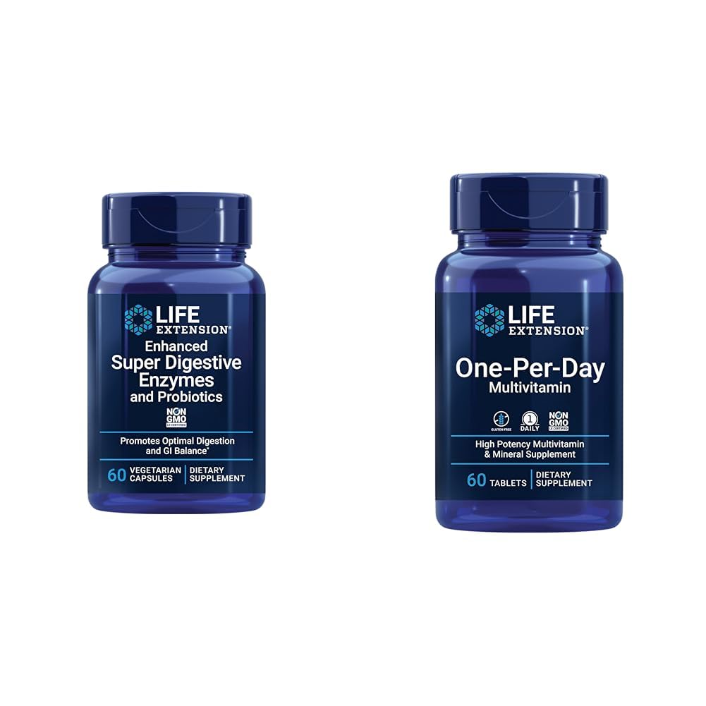 Life Extension Enhanced Super Digestive Enzymes & Probiotics 60 Vegetarian Capsules and One-Per-Day Multivitamin 60 Tablets