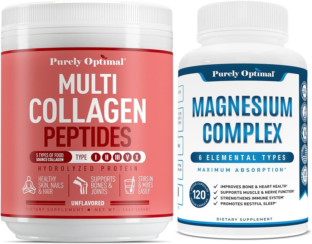 Čistě Optimální Premium Multi kolagen Powder + Premium Magnesium Complex - Magnesium Citrát, Malate, Muscle Relaxation - 120 čepice