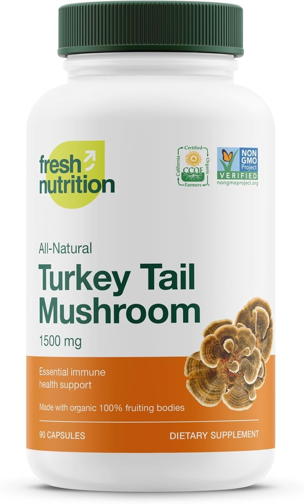 Fresh Nutrition Organic Turkey Tail Mushroom Extract Supplement - High in Beta Glucans – Non-GMO, Vegan Friendly, Gluten-Free - 90 Cápsulas