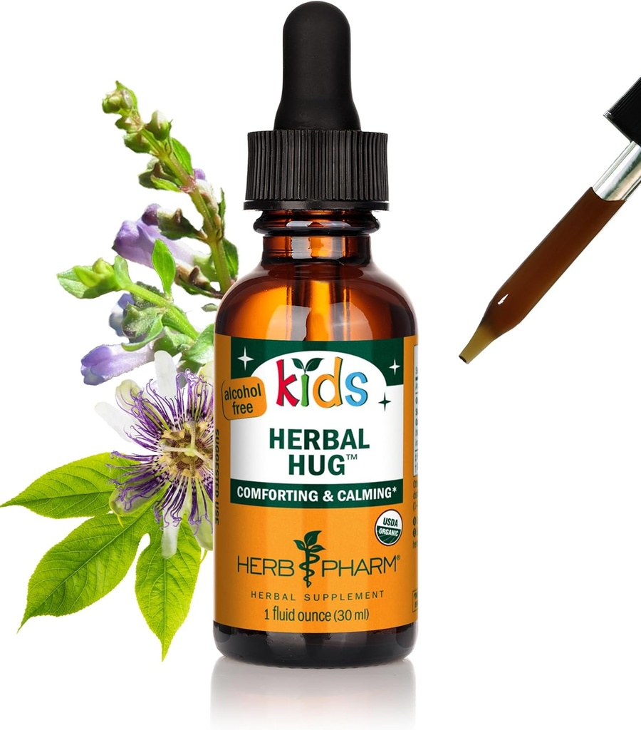 Herb Pharm Organic Kids Herbal Hug: Nervesystem Støtte med Skullcap, Passionflower, Mullein og havrefrø | Hurtigabsorbering og alkohol-fri, Kid-vennlig smak, ekstrakt for barn, 1 oz*