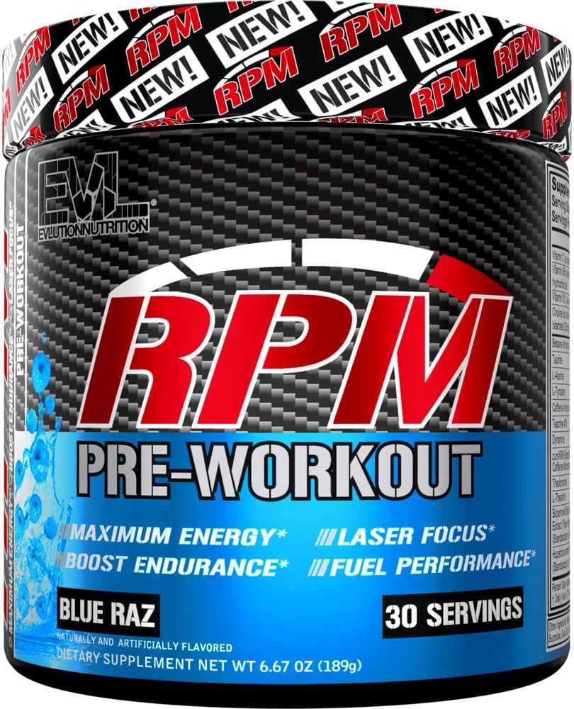 Pre Workout Powder för energi och fokus - EVL RPM Energy Pre Workout Energy Drink Powder med Betaine Alanine Caffeine och Theacrine - Preworkout Powder Drink för förstärkt prestanda (Blue Raz)