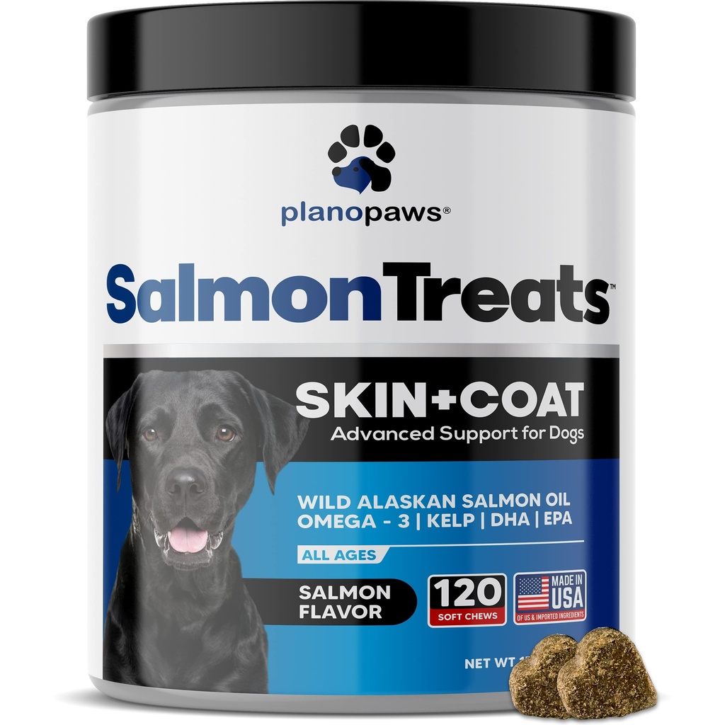 Salmon Oil for Dogs 120 Ct - Skin and Coat Supplement, Itch and Shedding | Omega 3 Fish Oil Chews with EPA DHA, Allergy Relief, Wild Alaskan, Made in USA, All Breeds Ages, Joint Heart Health