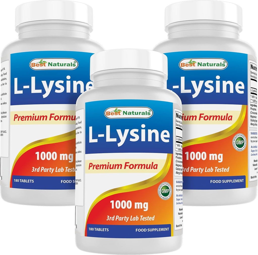 Mejores Naturales L-Lysine 1000mg 180 Tabletas (180 Cuenta (Pack of 1)) (3 Botellas)