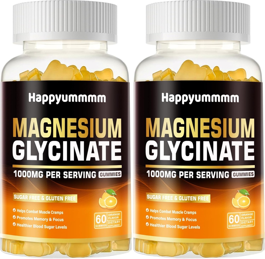 Magnesium Glycinate Gummies 1000mg - Sugar Free Magnesium Potassium Supplement med vitamin D, B6, Q10 för Calm Mood & Sleep Support - 120 Orange Gummies.