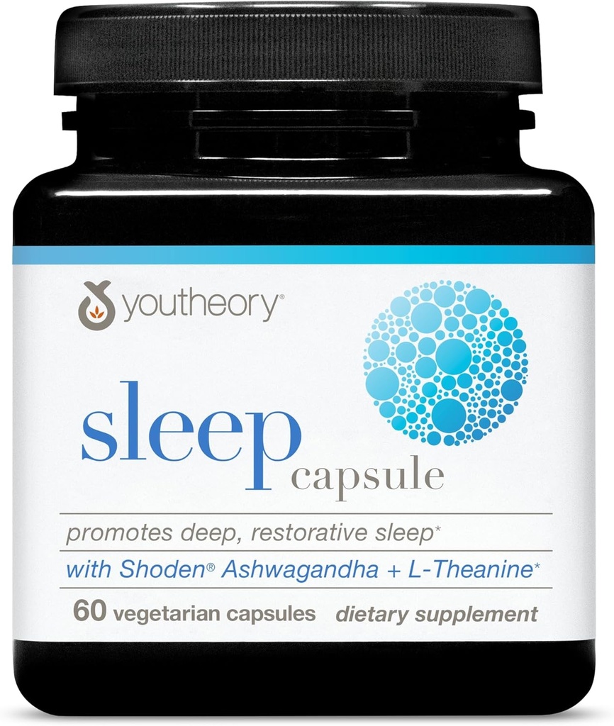 Youtheory Sleep קפסולה - תמיכה בשינה טבעונית עם פרח תשוקה, לימון Balm, L-theanine & Ashwagandha * - 60 קפסולות צמחוניות