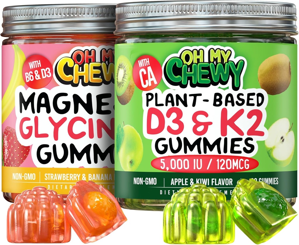 Magnesium + D3K2 Gummies Bundle - 2 flaskor (60 vardera) - Strawberry Banana & Apple Kiwi