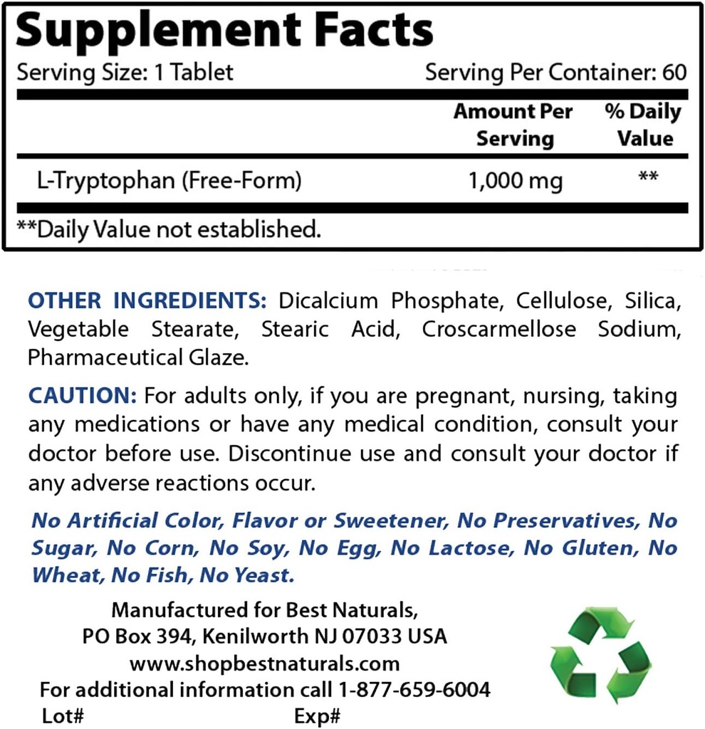Best Naturals L-Tryptophan 1000 mg & L-Theanina 200mg