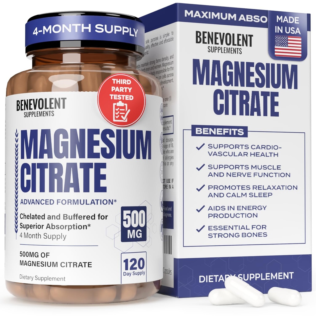 Premium Magnesium Capsules 500mg, High Absorption Formula Chelated Buffered Citrate to Support Digestion, Bone, Sleep & Muscle Health – Magnesium Citrate - 120 Capsules
