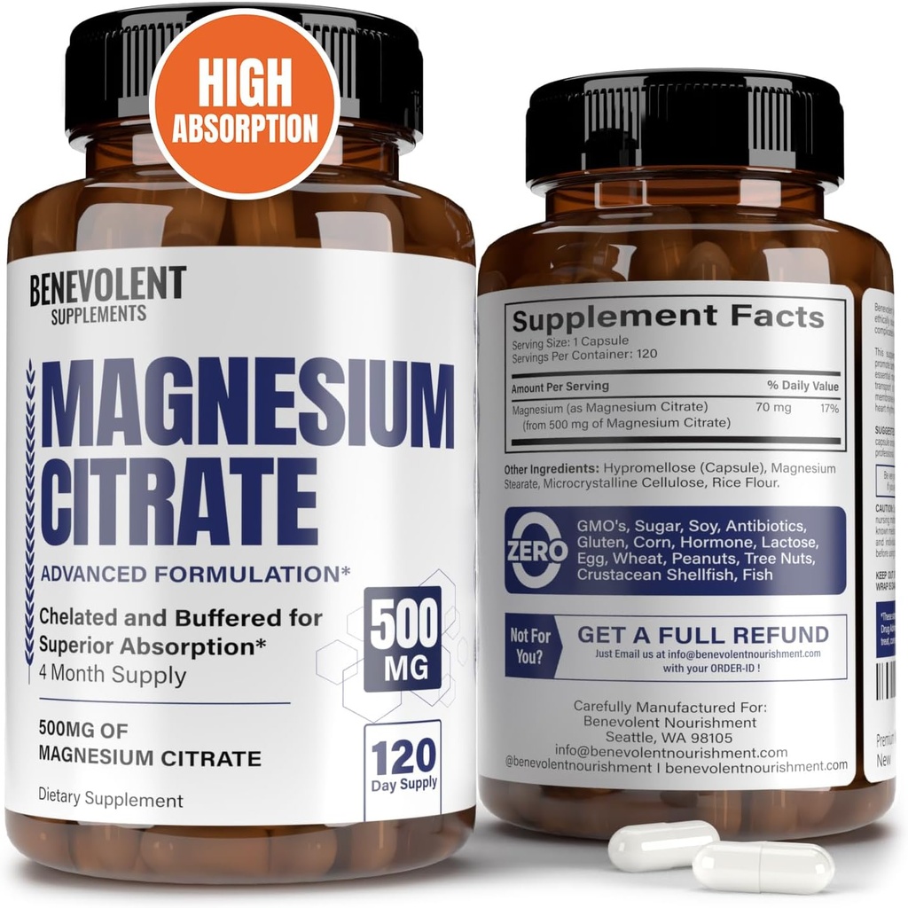 Premium Magnesium Citrate 500mg Capsules (Citrato de Magnesio) Hoge absorptie Formule Chelated Buffered Citrate ter ondersteuning van spijsvertering, bot, slaap- en spiergezondheid - 120 capsules