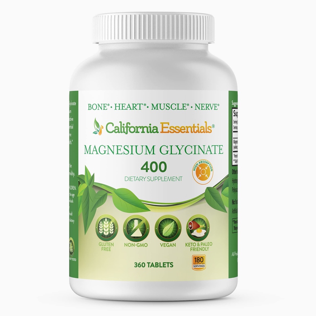 California Essentials Magnesium Glycinate 400 - Chelated, High Absorption Elemental Magnesium for Muscle Relief, Bone & Heart Support -Vegan, Non-GMO, Gluten-Free (360 Counts (Pack of 1))