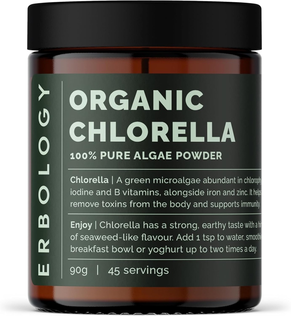Erbology Organic Chlorella Powder 3.2 oz - 45 Servings - Sustainably Sourced in Spain - Body Cleansing and Immunity Support - Rich in Chlorophyll, B Vitamins, Iron and Phosphorus - Vegan - GMO-Free