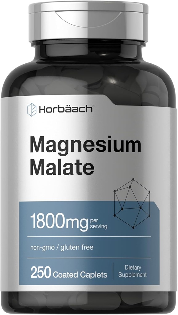 Horbäach Magnesiummalate ... 1800 mg... 250 päällystettyä kapselit... Kasvisruokaa..