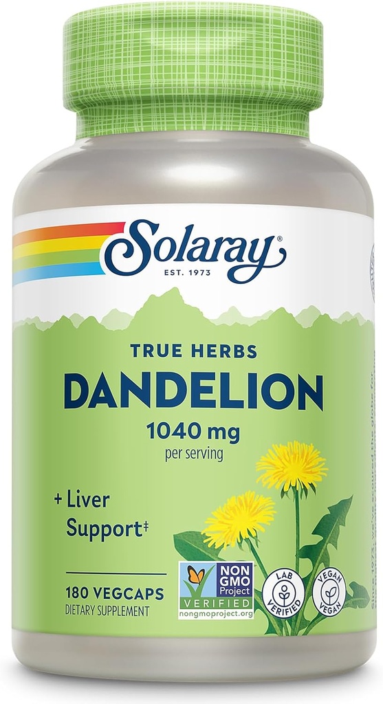 SOLARAY Dandelion Root gehigarria - Kidney eta Liver Support - 1.040 mg zerbitzatuko - Vegan, Lab Verified, 60 eguneko bermea - 90 zerbitzari, 180 VegCap