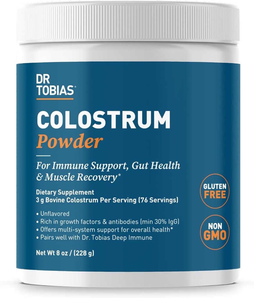 Dr. Tobias Colosrum Powder, Premium Bovine Colosrum suplementari per a la implementació d'Imune, Gut salut i Muscle Revery, 3g Perving, Mínim 30% IgG, Unflared, 8 oz, 76 Servings