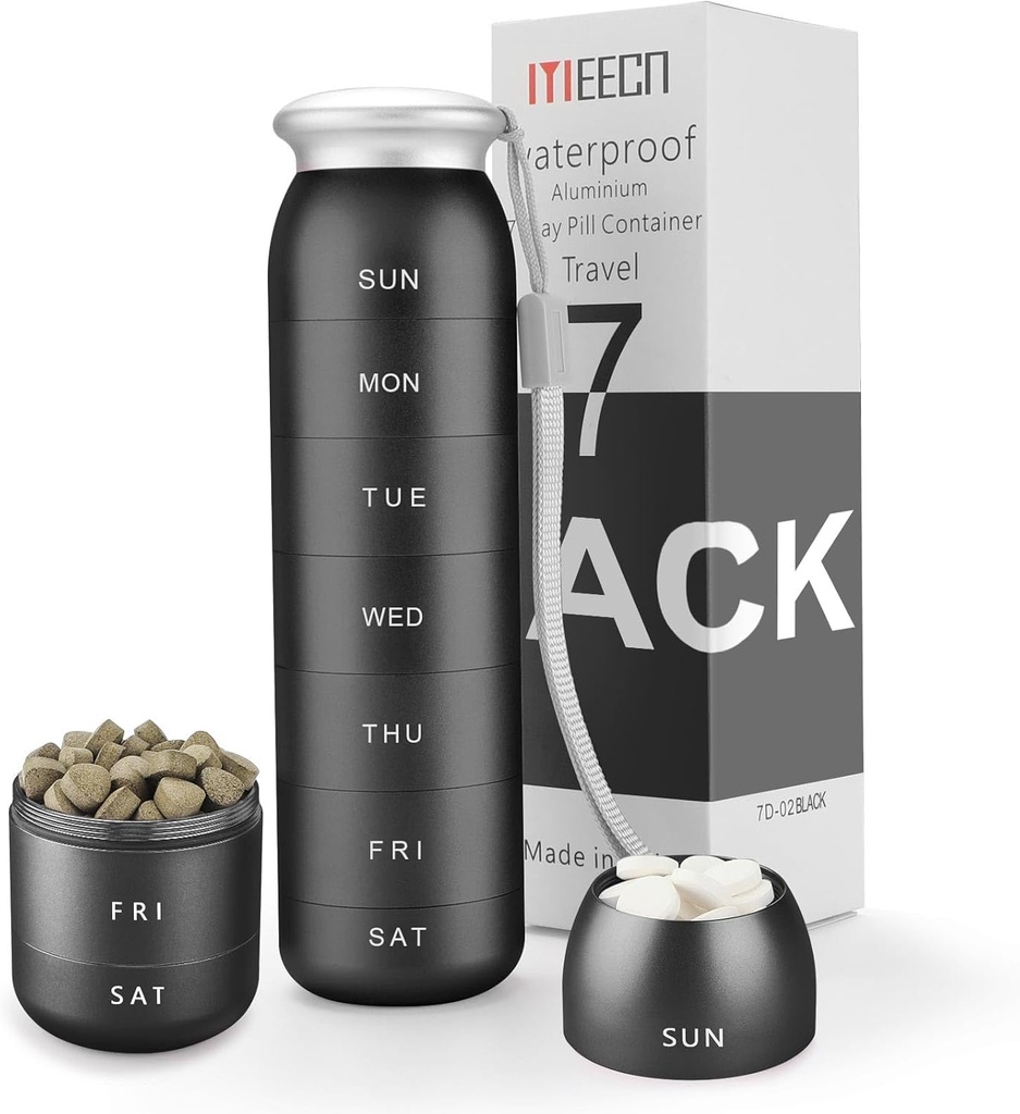 Wekelijkse pil Organisator, Draagbare Reizen 7 Dag, Waterdichte Container, Groot, Aluminium, Metaal, Houd Vitaminen, Kool Lever Olie, Supplementen en Medicijnen (zwart)