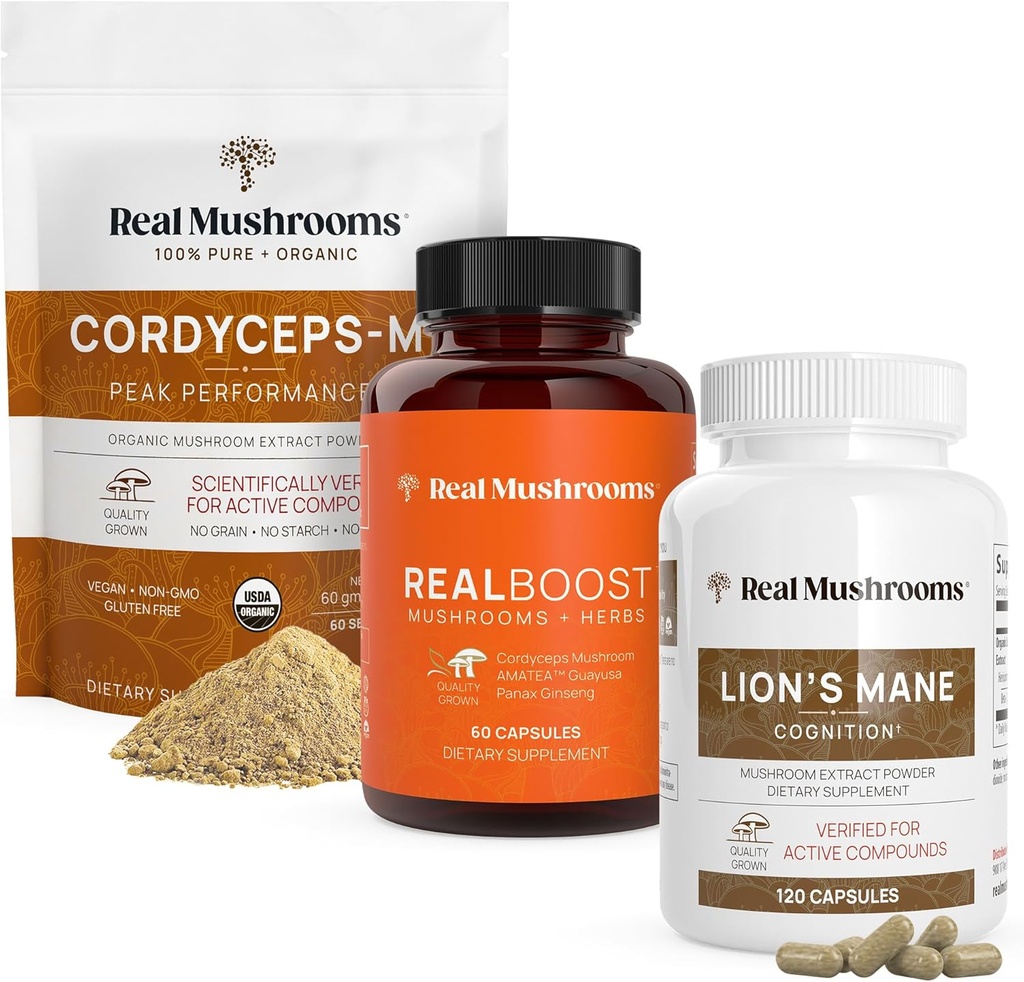 Real Mushrooms RealBoost (60ct), Leões Mane (120ct) & Cordyceps Mushroom Pó & Cápsulas Bundle - Suplemento de cogumelos para energia, Vitalidade, Endurance & Cognition - Vegan, Não-GMO