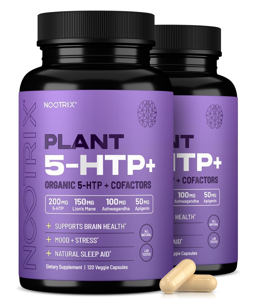 Nootrix Organic Plant 5-HTP+ Supplement | 120 Day Supply | Supports Memory, Mental Focus, Cognitive Health & Energy | Promotes Healthy Mood & Brain Function | Vitamin B6 & L-Theanine