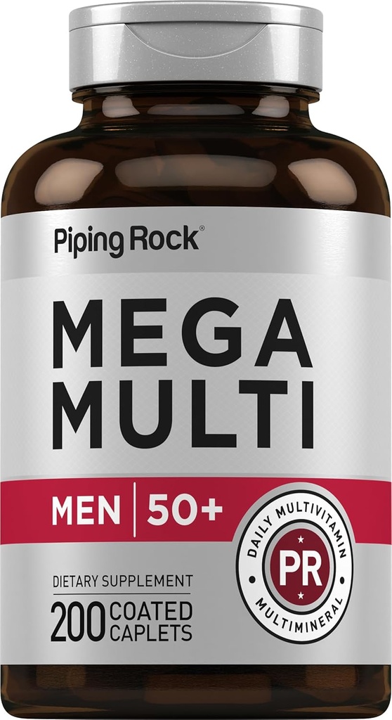 Piping Rock Multivitamin cho đàn ông trên 50 + 200 Caplets Mega 50 multimineral với Magnesium, Calcium, Zccccic Non-GMO, Gluten free Prof