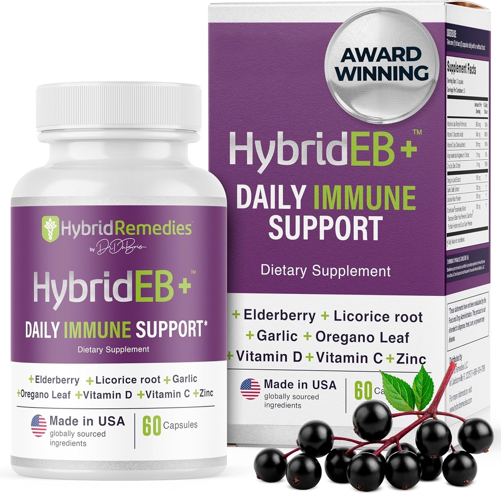 HibridEB Sambucus Elderberry Immune Dukungan dengan Vitamin C, Zinc, Vitamin D3 - Antioksidant & Suplai Kebal 1 Bulan - 9 dalam 1 Anak-Anak Hitam Elderberry dan Dewasa - 60 Capsules