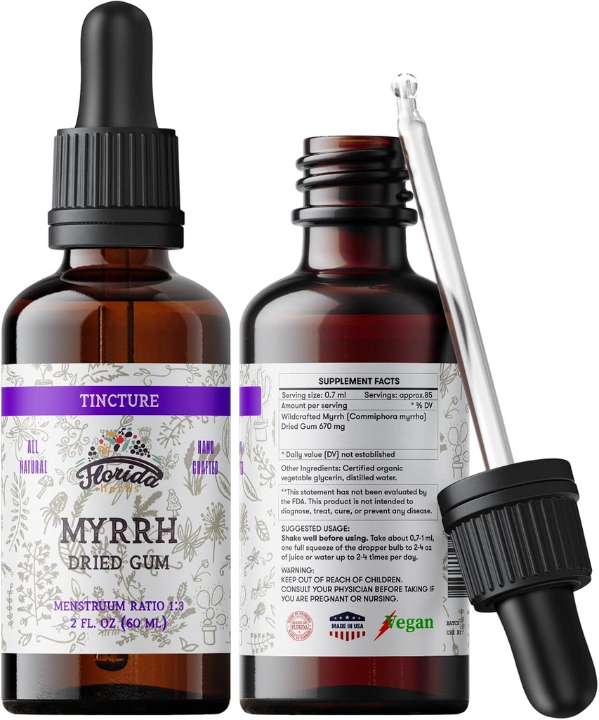 Myrh Tincture, Myrh Extract (Commiphora myrrha) pre poruchy trávenia - Non-GMO in Cold-Pressed Organic Glycerin 670 mg, Doplnky 670 mg