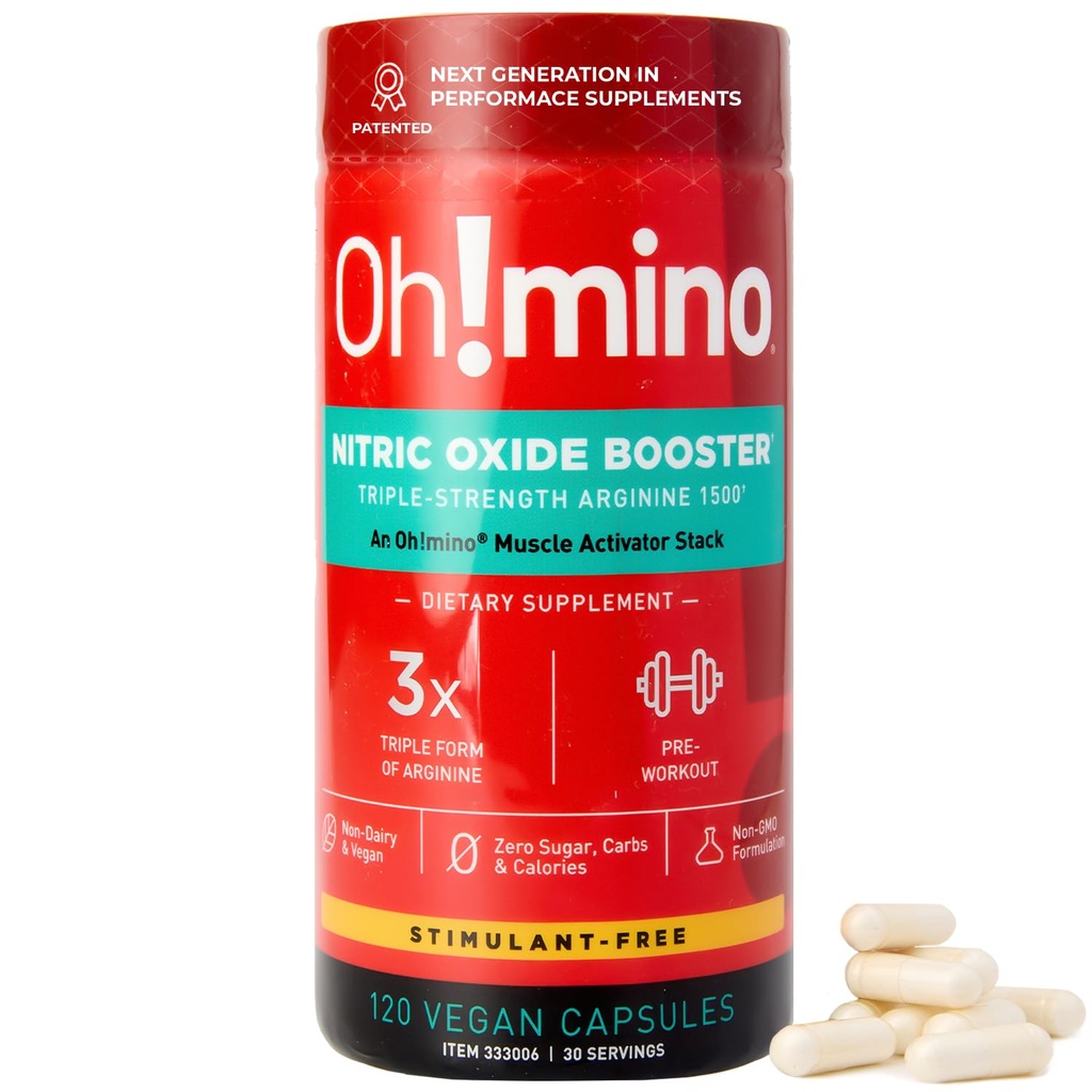 Oh!mino L-Arginine Nitric Oxide Supplement - Blood Flow Supplement, Nitric Oxide Booster w/Beetroot Powder for Energy, Focus, Endurance, Muscle Building - Pre & Post Workout (120-Count, 30 Servings)