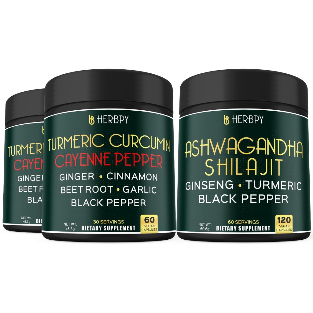 Herbpy Bundle 7in1 Turmeric Root 1510mg/serving (2pack60 for 60 Servings) & 5in1 Ashwagandha Supplements 1010mg/serving (120 Count 60 Servings)