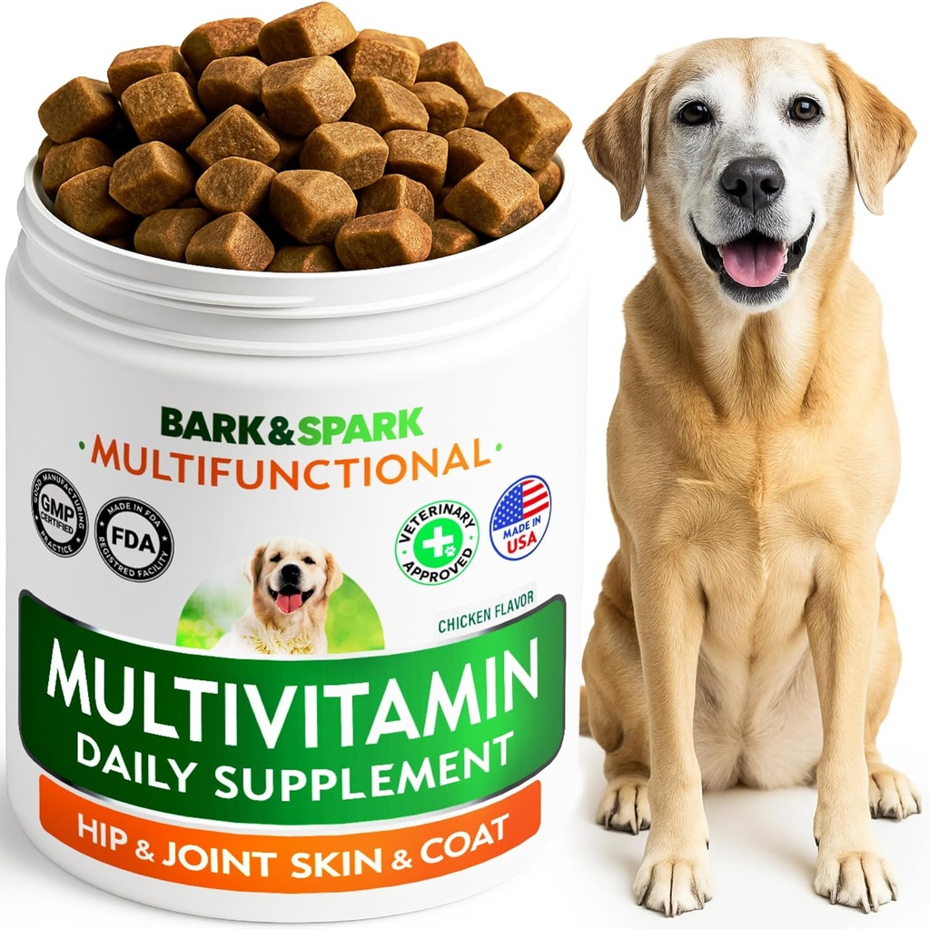 BARK&SPARK Dog Vitamini in dodatki - večvitaminski žvečljivi izdelki za pse - glukozamin Chondroitin za skupno podporo + Omega za kožo in plašč + probiotiki - Multi vitamin za hišne živali zdravje - 120Ct