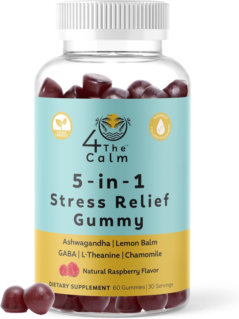 4 TheCalm 5in1 phụ trợ stress Gummy – GABA, Lemon Balm, L-Theanine, Chamomile, Ashwagandha – căng thẳng Gummies (Natual Raspberry Flavor, 60 Gummies)