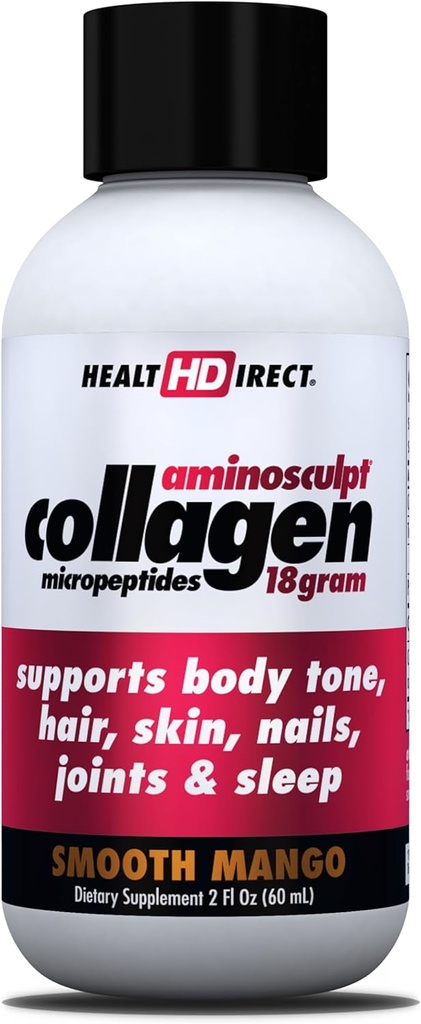 Helse DIRECT – Medisinsk-grade flytende kollagen Shots – AminoSculpt sukkerfri – glatt mango – 12 serveringer, (12pk, 2oz Shots) – Bra for ledd, bein og søvn – bedre hår, hud og negler