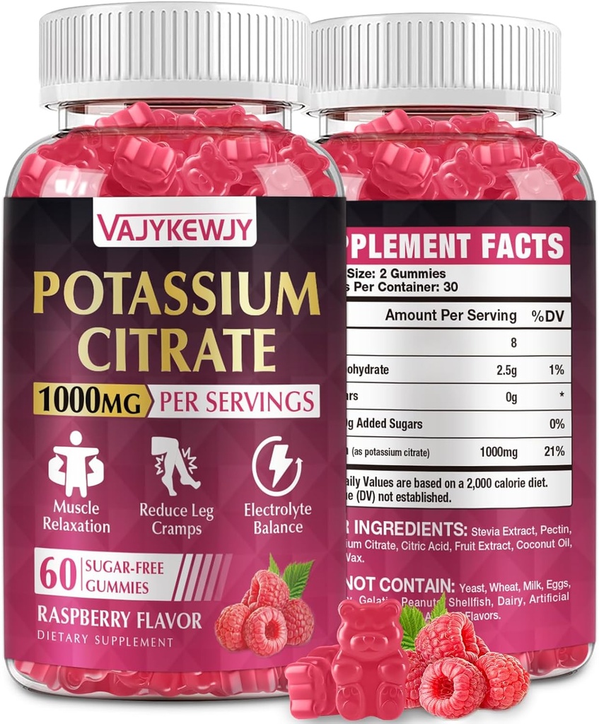 citrato de potasio Gummies, alto suplemento de potasio (1000mg), soporta cangrexos de perna e saúde muscular, axeitado para adultos e nenos, vegano, non-GMO, 60-contos