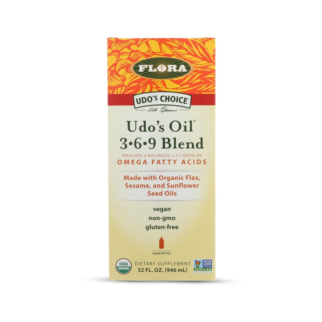 Flora - Udo's Choice Omega 369 Oil Blend, Made with Organic Flax, Sesame & Sunflower Seed Oils, Plant-Based Vegan Omega Fatty Acids, Based on Ideal 2:1:1 Ratio, 32-fl. oz. Glass Bottle