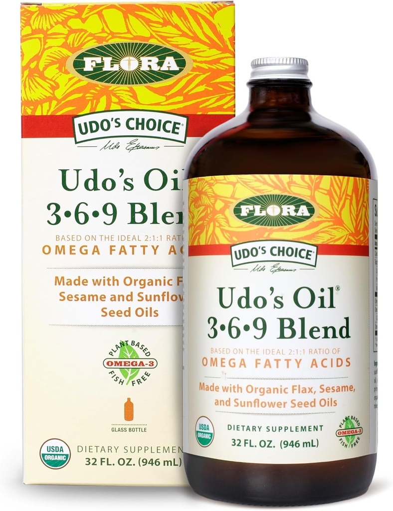 Flora Udo's Oil 3-6-9 Blend - Vegan Omega-3-6, contén coco orgánico, Flax Seed Oil & More - Keep Chilled - 32 fl. oz.