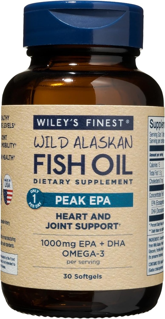 Wiley's Finest Wild Alaskan Fish Oil Peak EPA - Triple Force Peak EPA & DHA Supplement - 1000mg Fish Oil - Omega-3s for Joint Health Support - 30 Softgels (30 Servings)