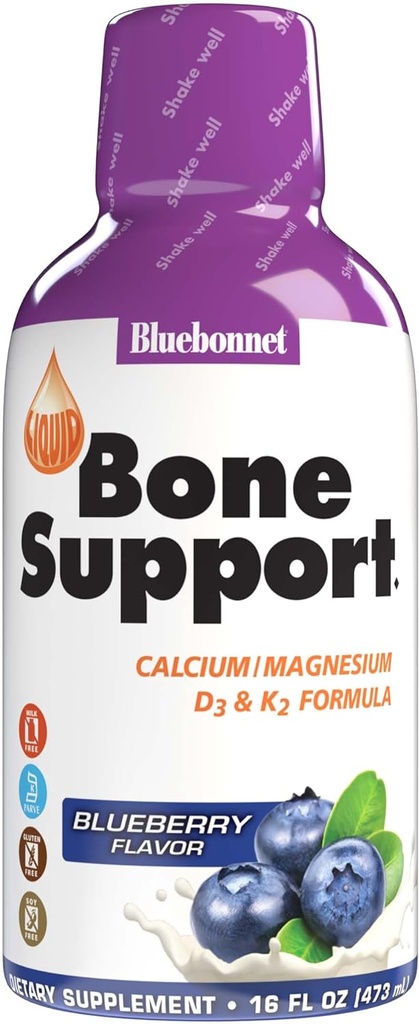 Bluebonnet Nutrition Liquid Bone Support Citrato de cálcio, Citrato de magnésio, Vitamina D3, K2, para a saúde óssea, Não OGM, Sem glúten, Sem soja, sem leite, kosher, 32 Servings, Blueberry Flavor, 16 Fl Oz (Pacote de 1)