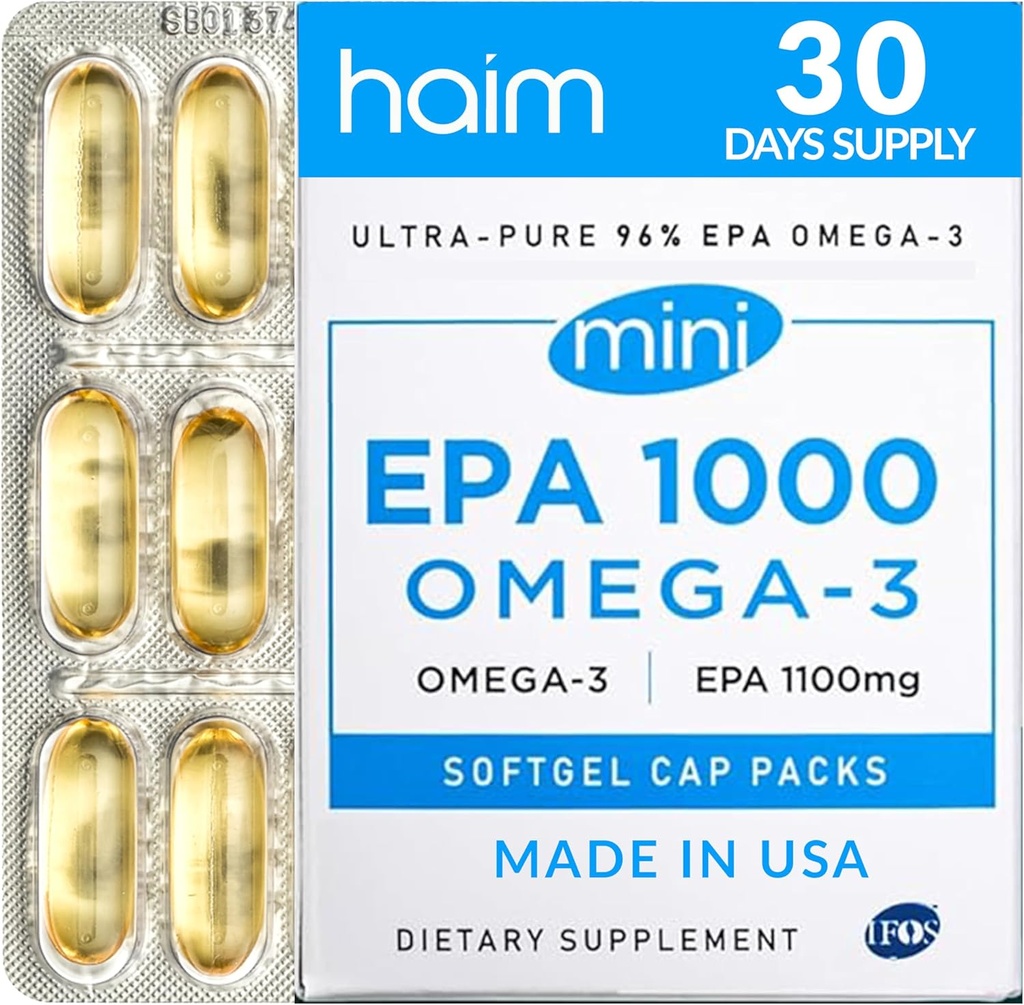 HAIM EPA1000 MINI – Pure EPA Fish Oil Supplement – 1,100mg Omega-3 για την καρδιά, τον εγκέφαλο και την κοινή υγεία – Υψηλή ισχύς, Burpless Softgels – Μικρές κάψουλες εύκολο στη χρήση – 60 Softgels – Made in USA